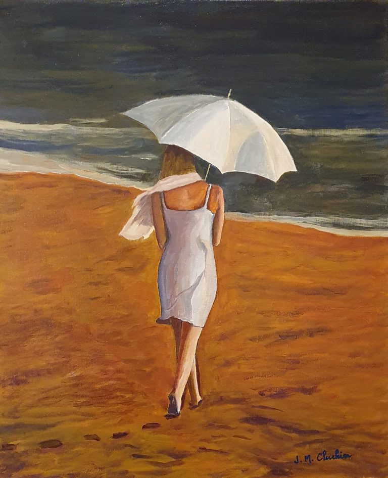 Woman with a parasol on the beach Acrylic on canvas 2022 (61 cm x 50 cm x 2 cm)