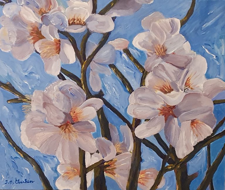 Belles fleurs d' amandier au printemps Acrylique sur toile 2022 (55 cm x 46 cm x 2 cm)