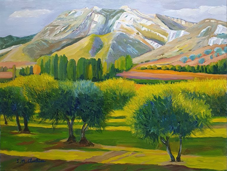 Olive trees with a view of the Alpilles Acrylic on canvas 2022 (65 cm x 50 cm x 2 cm)