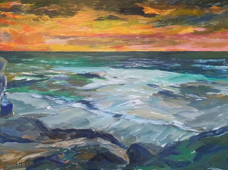 Ce tableau, peint à l'acrylique de J.M. Cluchier représente une scène maritime spectaculaire au coucher du soleil. Le ciel occupe la moitié supérieure de la toile et est dominé par une explosion de couleurs vibrantes, typiques d’un coucher de soleil. Des teintes chaudes d’orange, de jaune et de rouge s’étendent sur une grande partie, contrastant avec des touches de bleu et de violet plus sombres dans les zones supérieures, suggérant des nuages ou une atmosphère en mouvement. Les coups de pinceau visibles, caractéristiques de l’acrylique, donnent une texture dynamique et une impression de luminosité éclatante, comme si le soleil descendait lentement à l’horizon. La mer, située au centre et en bas de la composition, est peinte en tons de turquoise et de vert émeraude, avec des reflets subtils des couleurs du ciel, notamment des touches d’orange et de rose. Les vagues, rendues par des traits ondulés et des variations de couleur, semblent doucement clapoter contre les rochers, créant un effet de mouvement et de tranquillité à la fois. En bas de l’image, une côte rocheuse escarpée s’étend horizontalement. Les rochers sont peints dans des tons terreux, allant du brun rouille au gris, avec des touches de violet et d’ocre, ajoutant une profondeur et une texture rugueuse. Les rochers sont découpés de manière irrégulière, avec des fissures et des reliefs visibles, et ils s’avancent dans l’eau, encadrant la scène. À droite, deux petites structures surélevées, des carrelets pour la pêche (typique sur l'Atlantique), se détachent sur le fond du ciel et de la mer. Elles sont peintes en gris clair et semblent minimalistes, presque abstraites, ajoutant une touche humaine à cette nature sauvage. Leur position sur les rochers donne une impression d’isolement et de contemplation face à l’immensité de l’océan. Le tableau est réalisé à l’acrylique, avec les couleurs vives et saturées, ainsi que par les textures épaisses et les coups de pinceau visibles. L’artiste utilise une palette de couleurs audacieuse, jouant sur les contrastes entre les tons chauds du ciel et les tons froids de la mer et des rochers. Le style tend vers l'expressionniste, avec une attention portée aux émotions évoquées par la scène plutôt qu’à un réalisme photographique. Les formes sont légèrement abstraites, et les couleurs sont appliquées de manière expressive, avec des contours parfois flous et des mélanges subtils. La signature est discrète en bas à droite, mais bien intégrée dans la composition, ajoutant une touche personnelle. L’ensemble du tableau évoque un sentiment de sérénité mêlé de grandeur. Le coucher de soleil spectaculaire, combiné à l’immensité de la mer et à la solidité des rochers, invite à la contemplation et à une connexion avec la nature. Les structures humaines sur les rochers ajoutent une note d’intrigue, suggérant peut-être une présence humaine discrète face à la puissance de l’élément naturel. L’utilisation des couleurs chaudes et froides crée un équilibre visuel harmonieux, tout en capturant la magie d’un moment éphémère de la journée. Ce tableau est une célébration de la beauté naturelle, rendue avec une énergie et une émotion palpable grâce à la technique acrylique et au style expressif de l’artiste.