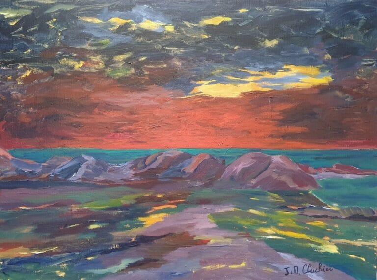 Ce tableau de J.M. Cluchier représente un paysage côtier au crépuscule, avec un ciel partagé entre nuages orageux et une bande rouge-orangé intense, séparé d'une étendue terrestre par une étroite bande d'eau turquoise. Une série de rochers, peints dans des tons de gris, bleu et mauve avec des touches de rouge-brun, s'étend le long de la ligne d'horizon. Le premier plan est composé d'une zone terrestre ou de plage aux couleurs variées (verts, bruns, bleus, jaunes) créant un effet de reflets. La technique est expressive avec des coups de pinceau visibles, et l'ambiance est dramatique et contemplative. L'artiste a utilisé des couleurs vives et des coups de pinceau expressifs pour transmettre une émotion ou une atmosphère particulière plutôt que de simplement reproduire une scène réaliste. Le tableau pourrait évoquer des thèmes tels que la beauté de la nature, la fugacité du temps ou la puissance des éléments. Le ciel occupe une grande partie du tableau. Il est partagé entre des nuages sombres et orageux en haut, avec des nuances de gris, de bleu foncé et de touches de jaune, et une bande de ciel rouge-orangé intense juste au-dessus de l'horizon. Les couleurs suggèrent un coucher de soleil spectaculaire. Une étroite bande d'eau turquoise sépare le ciel de la terre. Elle semble calme et reflète légèrement la couleur du ciel. Le premier plan est composé d'une zone qui semble être une étendue de terre ou de plage, peut-être recouverte d'eau stagnante. Les couleurs sont variées : des verts, des bruns, des bleus, des jaunes, créant un effet de reflets et de textures riches. Une sorte de chemin ou de cours d'eau semble traverser cette zone. Une série de rochers au second plan sont peints dans des tons de gris, de bleu et de mauve, avec des touches de rouge-brun, ce qui suggère qu'ils sont illuminés par le soleil couchant. Le tableau est réalisé avec une technique de peinture acrylique expressive. Les coups de pinceau sont visibles et épais, créant une texture palpable. Les couleurs sont utilisées de manière non naturaliste, privilégiant l'expression émotionnelle à la représentation réaliste. L'ambiance du tableau est dramatique et contemplative. La combinaison des couleurs chaudes et froides, ainsi que la présence des nuages orageux, crée une tension visuelle. Le tableau évoque un sentiment de calme et de solitude, ainsi qu'une certaine beauté brute de la nature. La signature de J.M. Cluchier est visible dans le coin inférieur droit du tableau.