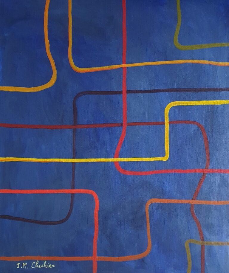 Il s'agit d'une peinture abstraite dominée par un fond bleu intense. Sur ce fond, un réseau de lignes colorées s'entrelace, créant un motif dynamique et complexe. Les lignes ne sont pas droites, mais plutôt courbes et sinueuses, ajoutant une sensation de mouvement et de fluidité. La palette de couleurs est vibrante et contrastée. On observe principalement : un bleu profond qui sert de fond et occupe la majorité de la toile, avec des nuances qui peuvent varier légèrement, suggérant des variations de lumière et d'ombre; du rouge, qui apporte une énergie passionnée au tableau; de l'orange, qui adoucit quelque peu la vivacité du rouge; et du jaune, qui offre une touche de luminosité et de gaieté, contrastant avec le bleu profond. La combinaison de ces couleurs crée un équilibre visuel intéressant, captant l'attention du spectateur. La peinture a été réalisée avec des coups de pinceau visibles, donnant une texture palpable à la surface de la toile. Les lignes colorées sont appliquées de manière relativement épaisse, créant un léger relief. Le style de la peinture est résolument abstrait. L'absence de formes reconnaissables invite à l'interprétation personnelle. L'œuvre dégage une impression de mouvement, d'énergie et d'harmonie colorée. La signature "J.M. Cluchier" est apposée dans le coin inférieur droit de la toile. Elle est réalisée avec une peinture jaune. Il est important de noter que cette description est basée uniquement sur l'image fournie. L'expérience réelle de voir la peinture en personne peut révéler des détails et des nuances supplémentaires.
