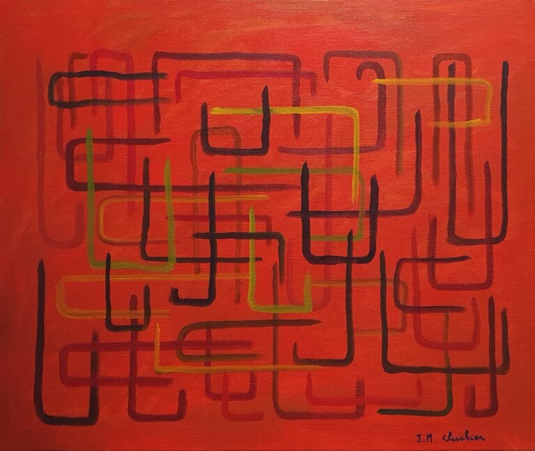 L'œuvre présente un fond uni d'une teinte rouge-orangée vibrante. La surface du fond révèle une texture légère créée par les coups de pinceau. Sur ce fond monochrome, un motif abstrait composé de lignes angulaires s'entrecroise. Ces lignes, peintes dans des couleurs variées, forment des sortes de rectangles et de "U" ouverts, créant une composition géométrique dynamique. Les lignes ne sont pas parfaitement régulières, ce qui ajoute un aspect organique et artisanal à l'ensemble. La palette de couleurs est limitée, mais chaque couleur apporte une nuance particulière : le rouge dominant du fond est complété par des traits noirs, rouges plus foncés, jaune-vert, et marron. Ces couleurs interagissent pour créer un effet visuel riche, tout en restant harmonieux. La technique picturale est simple, avec une application directe de la peinture, sans effets complexes. Les bords des lignes sont parfois légèrement irréguliers, ce qui contribue au caractère spontané de l'œuvre. Le style est résolument abstrait. La composition n'évoque aucun objet ou scène reconnaissable, invitant le spectateur à une interprétation personnelle et émotionnelle. L'agencement des formes et des couleurs crée un rythme visuel qui peut évoquer une carte stylisée, un circuit électronique, ou simplement une exploration des relations spatiales et coloristiques. La signature "J.M. Cluchier" est discrètement apposée dans le coin inférieur droit de la toile, réalisée avec une peinture sombre. En résumé, cette peinture acrylique abstraite de J.M. Cluchier se distingue par sa simplicité, son expressivité et son harmonie colorée, créant une œuvre stimulante pour l'œil et l'esprit.