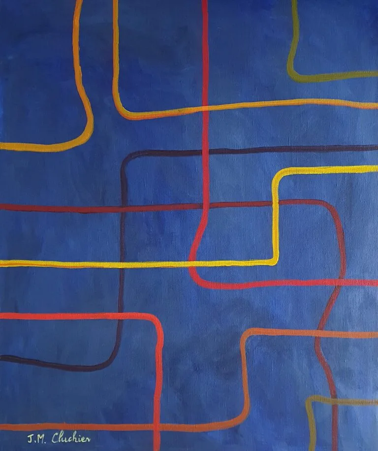 Intertwining red shapes on a blue background. Acrylic painting for modern interior decoration