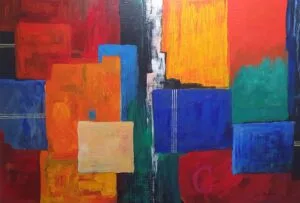 Large abstract acrylic painting in vibrant colors. Ideal for decorating the interior of a large, modern room.