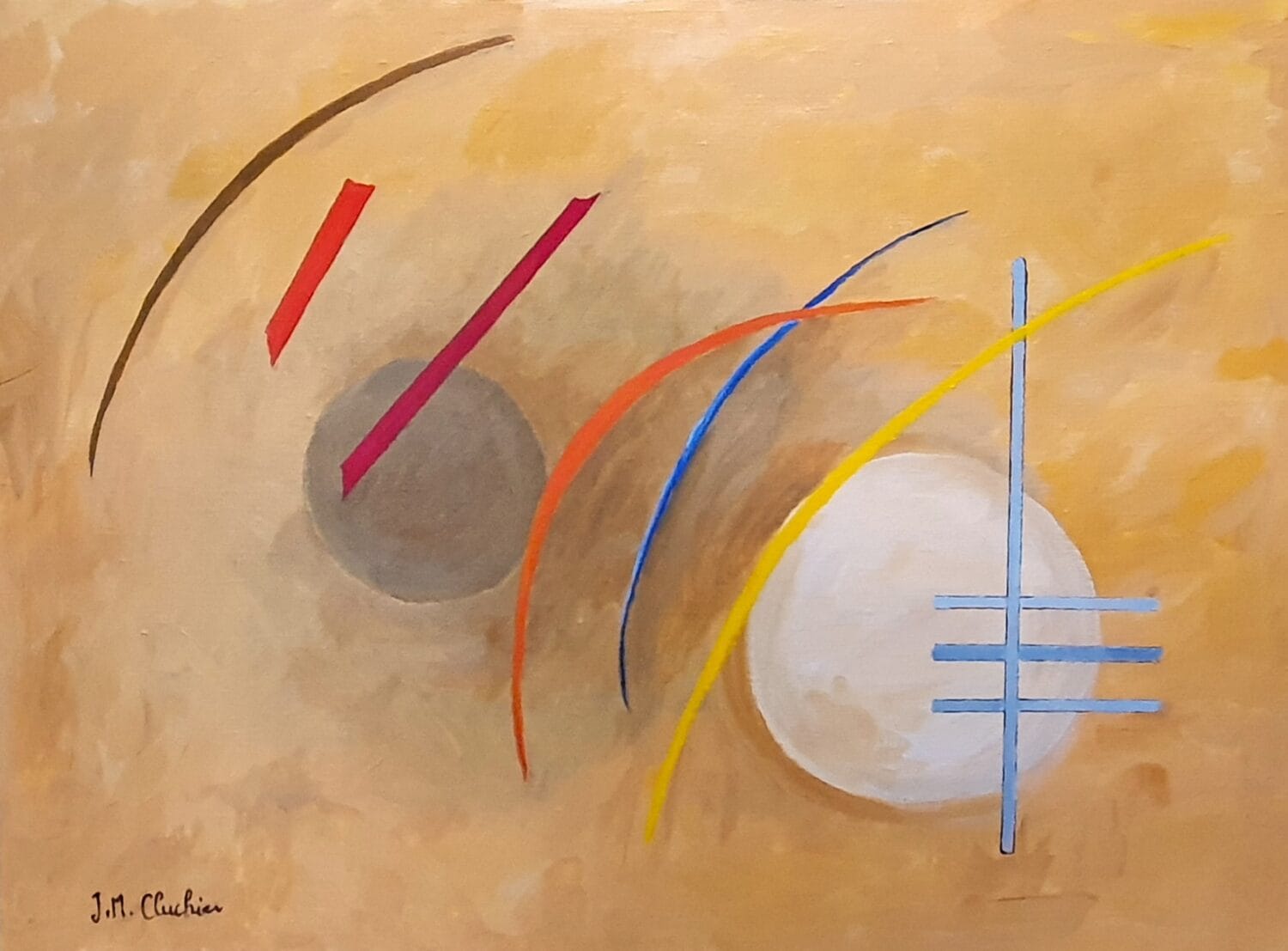 Peinture acrylique abstraite sur fond beige avec objets imaginaires, idéale pour la décoration d'un intérieur moderne