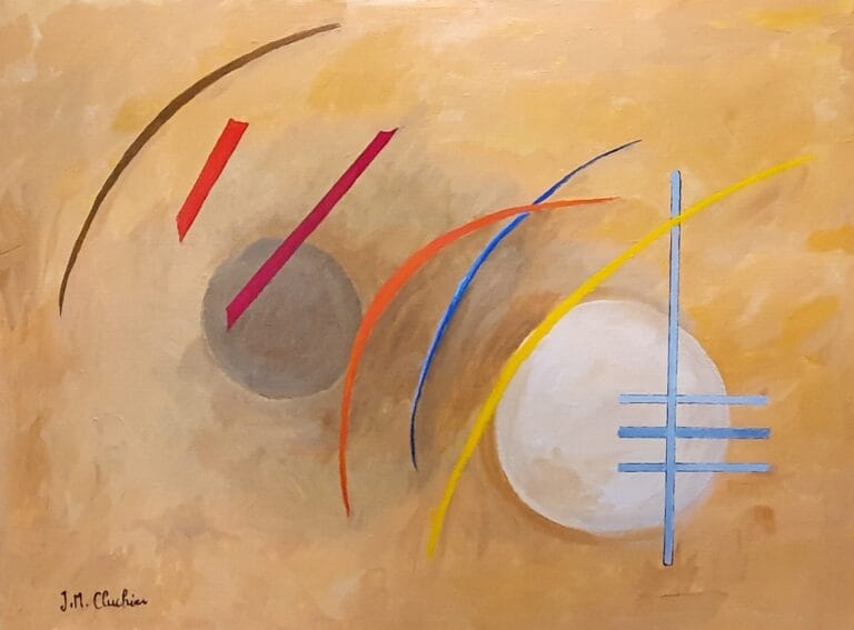 Peinture acrylique abstraite sur fond beige avec objets imaginaires, idéale pour la décoration d'un intérieur moderne