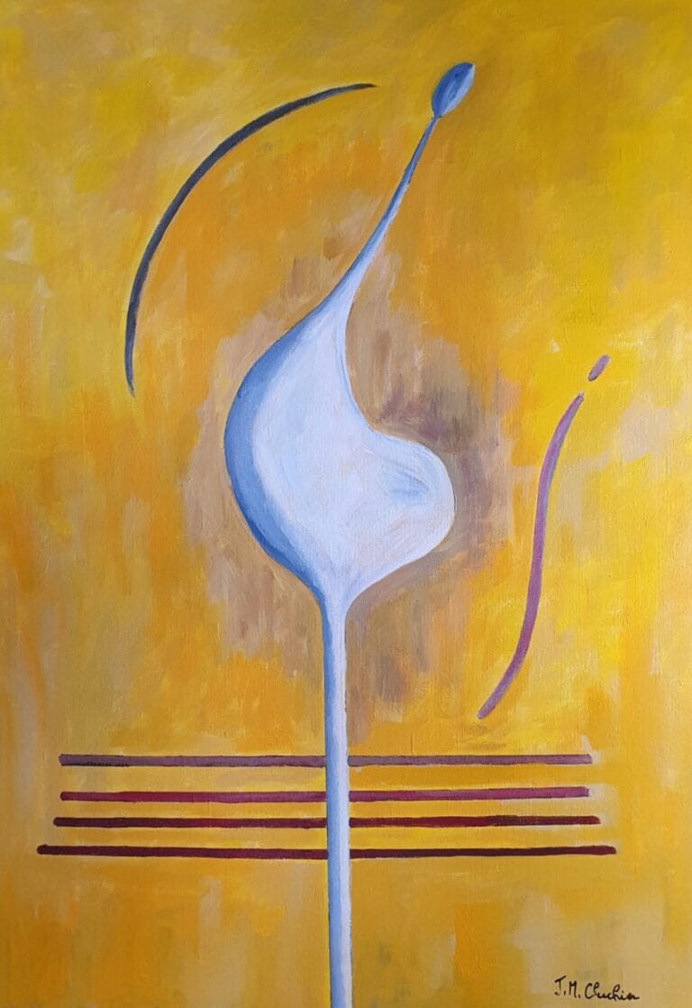 Grande peinture acrylique abstraite sur fond jaune avec un objet imaginaire pour une décoration intérieure moderne