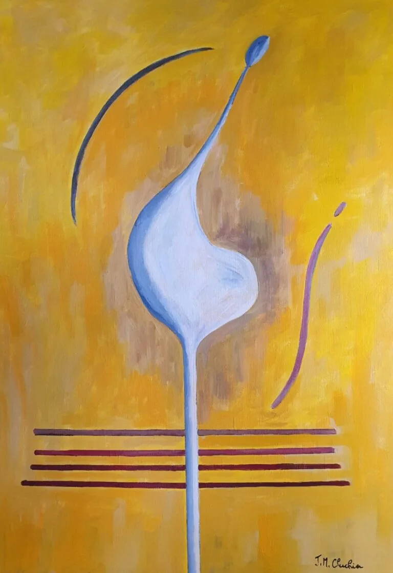 Large abstract acrylic painting on a yellow background with an imaginary object for modern interior decoration