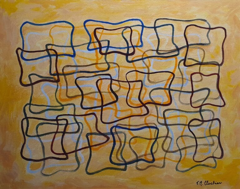 Entrelacements rectangulaires sur fonds jaunes. Acrylique abstraite pour décoration intérieure moderne