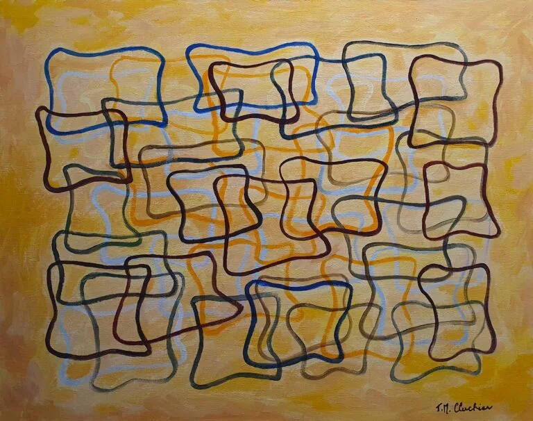 Rectangular interlacing patterns on a yellow background. Abstract acrylic painting for modern interior design.