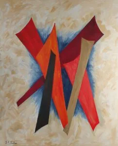 Peinture acrylique abstraite sur fond jaune avec plusieurs triangles rouges, pour décoration intérieure moderne