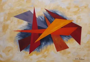 Seven triangles, abstract acrylic painting on a yellow background for modern interior decoration