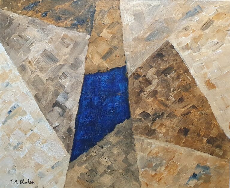 Peinture acrylique abstraite sur toile synthétisant une série de triangles juxtaposés, pour décoration intérieure moderne.