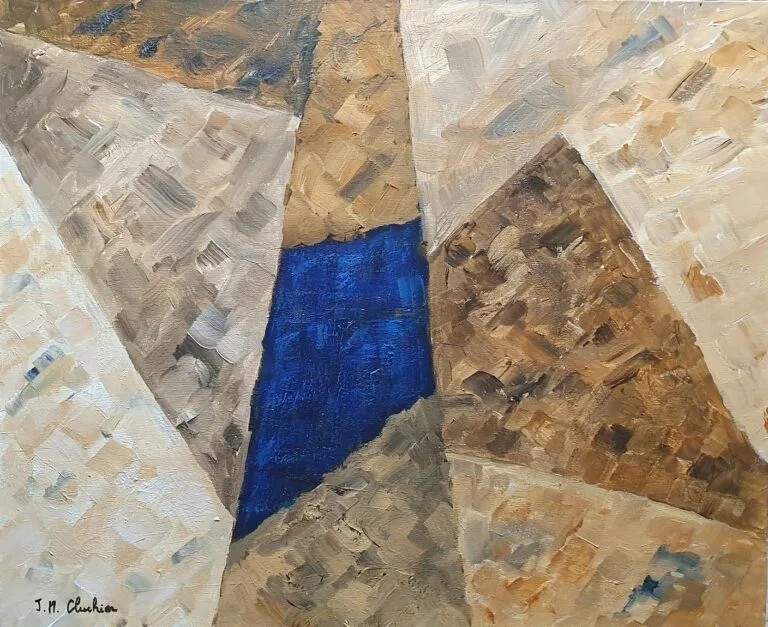 Abstract acrylic painting on canvas synthesizing a series of juxtaposed triangles, for modern interior decoration.