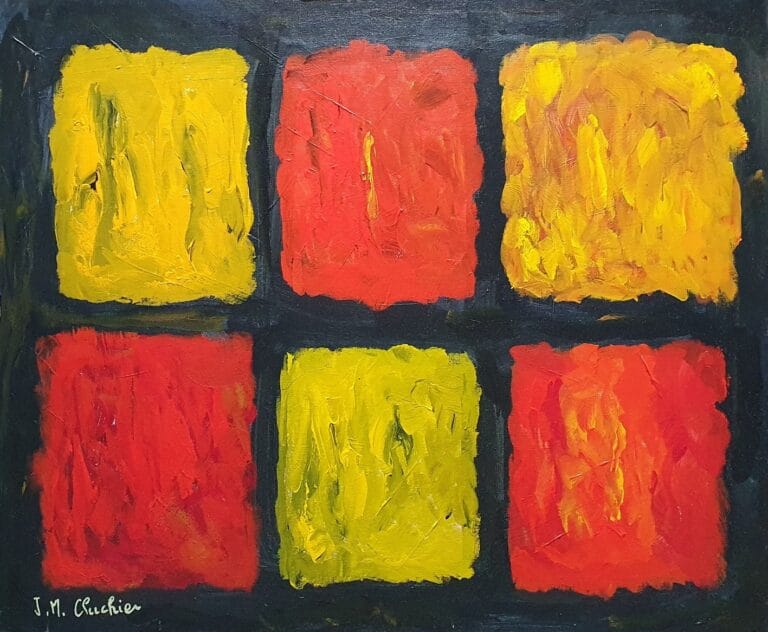 Acrylique abstraite de six carrés rouges et jaunes sur fond noir pour décoration intérieure moderne
