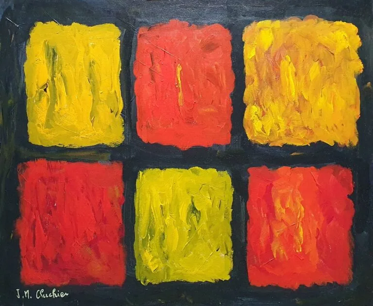 Abstract acrylic painting of six red and yellow squares on a black background for modern interior decoration