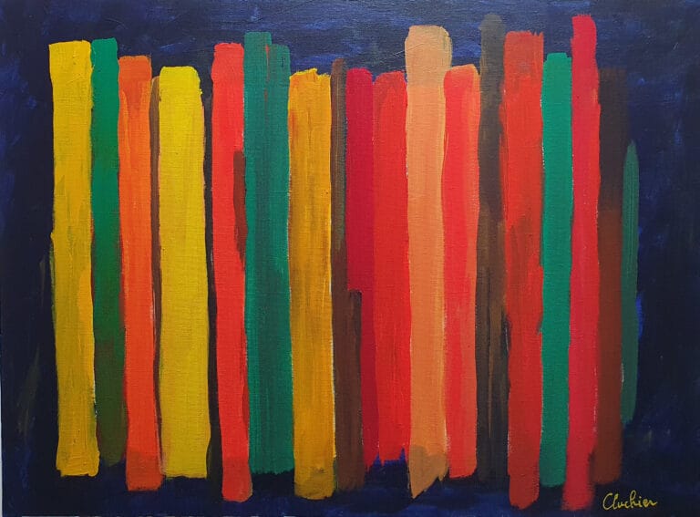 Batons abstraits multicolores sur fond noir, acrylique abstraite pour décoration intérieure moderne.