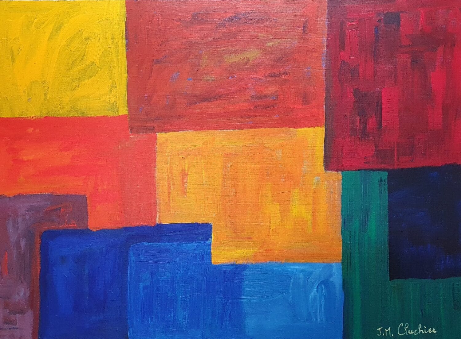 Abstraction avec plusieurs carrés bleus, orange, vert .Acrylique sur toile, pour décoration intérieur moderne.