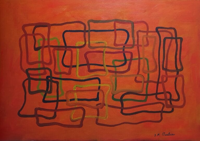 Lignes abstraites colorées sur fond rouge orangé. Peinture acrylique sur toile abstraite pour décoration intérieure moderne.