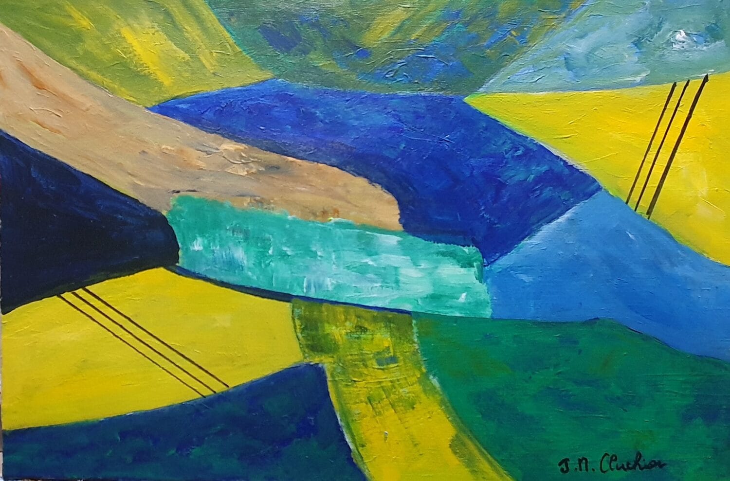 Peinture acrylique abstraite avec des couleurs vives bleue et verte pour décoration intérieure moderne.