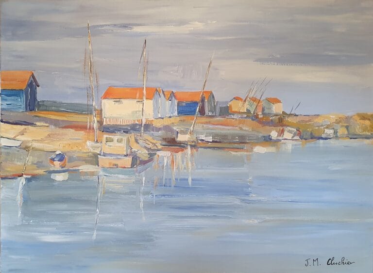 Paysage marin avec bateaux et maisons ostréicoles sur un chenal, peinture acrylique pour décoration intérieure de tous styles.