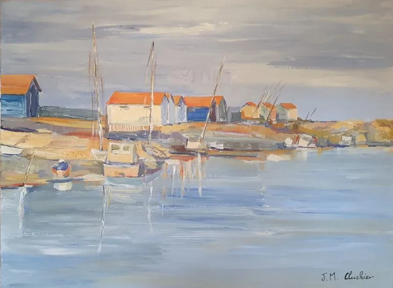 Seascape with boats and oyster houses on a channel, acrylic painting for interior decoration of all styles.