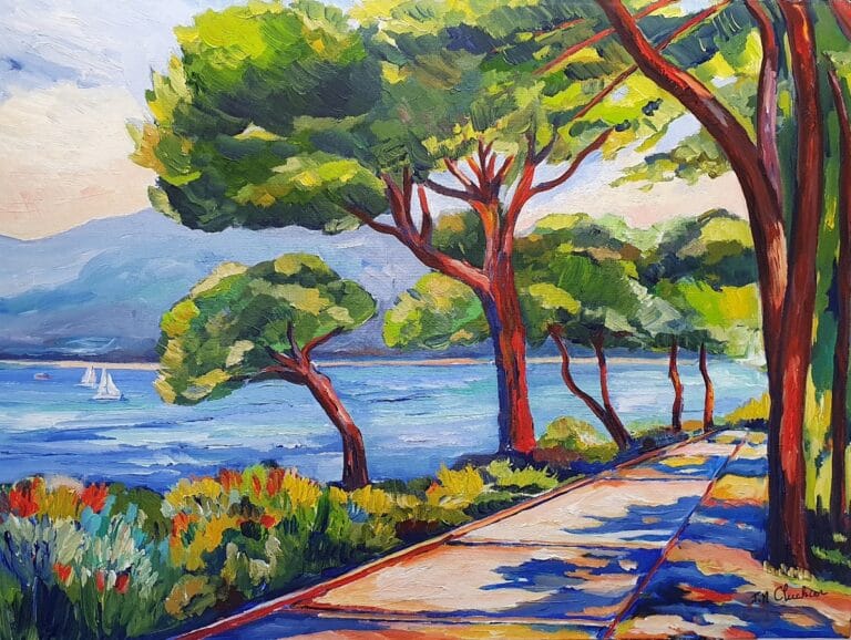 Paysage Méditerranéen coloré avec arbres et mer à Cap Formentor , peinture acrylique pour décoration intérieure