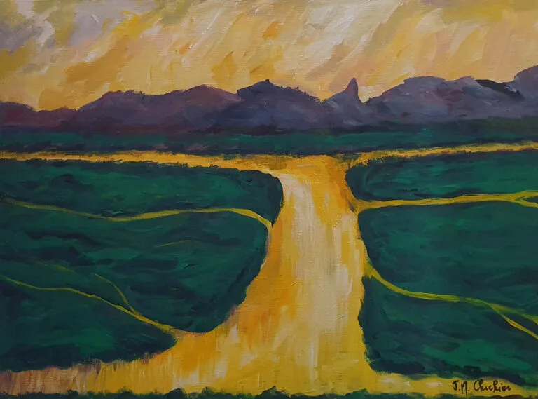 Golden river between green hills through wetlands, acrylic on canvas for a modern or classic living room
