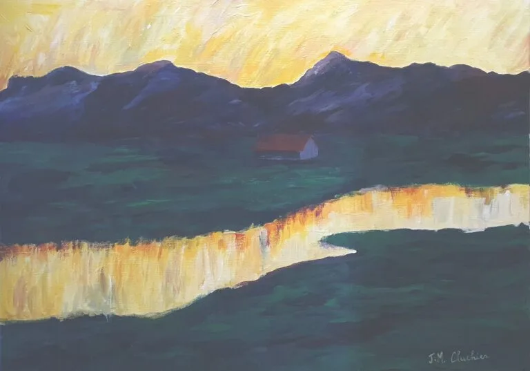 Peinture acrylique expressionniste d'un paysage avec montagnes et reflet d'eau exprimant la solitude dans la nuit. pour intérieur moderne.