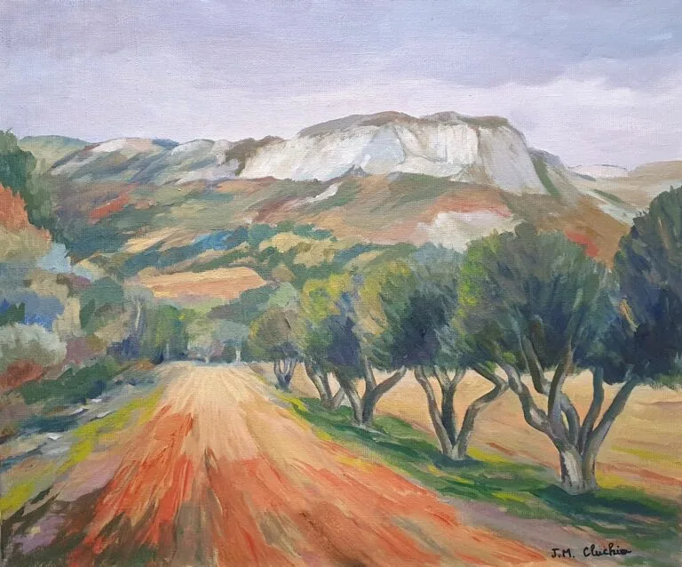 Rural landscape in Languedoc with olive trees and hills in the distance for a classic interior.