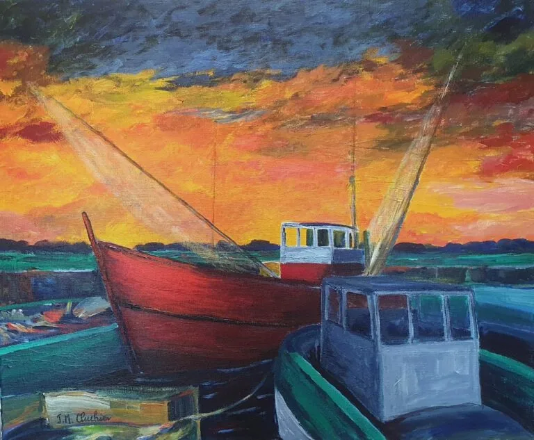 Boats at a vibrant sunset. Acrylic painting for modern decoration.