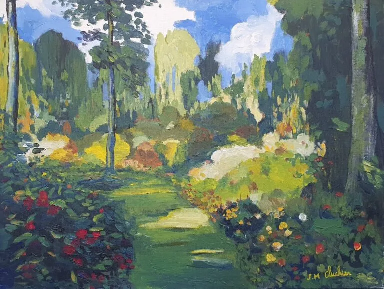 Dark green figurative painting depicting a sunny garden for interior decoration